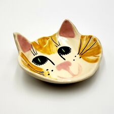 Cat Face Trinket Dish ~ Yellow Tabby ~ Handmade Folk Art Pottery ~ By K Debord   picture