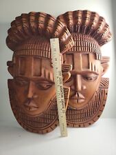 2 Vtg African Wooden Face Masks  Hand Carved Wall Mount. One Has A Small Crack.  picture