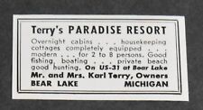 1951 Print Ad Michigan Bear Lake Terry's Paradise Resort Private Beach Karl art picture
