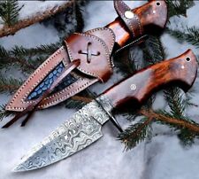 Damascus hunting knife overall 10 inch bushcraft knife with leather sheath picture
