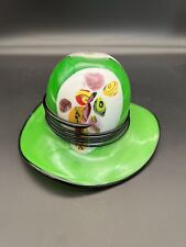 Hand Blown Art Glass Hat Bowl Gorgeous Bright Green, White Multi W/  Black Bands picture
