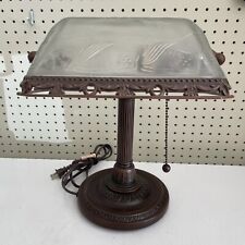 Working Bronze Colored Bankers Desk Table Piano Lamp Frosted Floral Adjustable picture