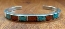 Old Navajo Native American Sterling Bracelet Chip Coral And Turquoise picture