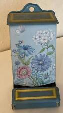 Vtg Floral Flowers Daisy Blue Tin Wooden Stick Match Holder Jasco Hong Kong picture