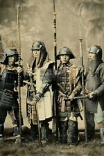 FOUR JAPANESE SAMURAI WARRIORS HOLDING WEAPONS 1880s 4X6 PHOTO POSTCARD picture