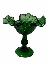 Vintage Fenton Colonial Green Swirl Glass Double Crimped Pedestal Candy Dish picture