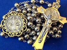 HUGE St BENEDICT ROSARY Stainless Saint Medal Large Crucifix Protection Two Tone picture