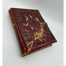 Antique Photo Album Tooled Leather Floral Gold Maroon Bound Book Some Photos picture