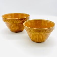 2 Antique USA Yellow Ware Honey Mixing Bowls Pie Crust Rim U.S.A. #1031 & #1001 picture