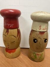 Wooden Salt & Pepper Shakers Peppy & Salty Hand Painted OLD Vtg.4
