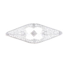 White Gold Diamond Camphor Glass Vintage Brooch - 10k Single Cut Filigree Pin picture