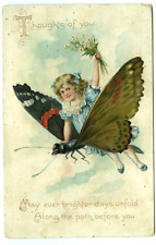 Birthday Greetings Girl Flying on Butterfly c1907 Embossed Postcard picture