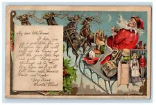 1906 Christmas Santa Riding Sleigh Reindeer Dolls Soldier Trumpet Moon Postcard picture