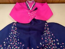 Vintage Korean Women's 2 PC Traditional Pink/Blue Silk Embroidered Hanbok Dress picture