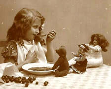 1910s Toys RPPC~Teddy Bear Sneaks Food from Dolls~Vintage Real Photo Postcard picture