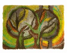 Vintage handmade wool wall hanging rug Trees Impressionism 60s 70s mid century picture