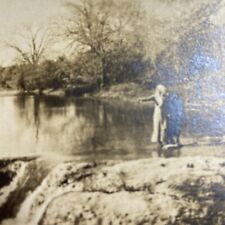 Antique Postcard Couple Standing by a Cold River RPPC Real Photo VELOX 1907-1909 picture