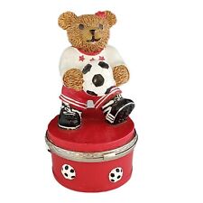 VINTAGE CLAIRE'S SOCCER TEDDY BEAR TRINKET JEWEL JEWELRY BOX HINGED GOOAL 1999 picture