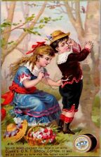 Clark's ONT Spool Cotton Girl Sews Crying Boy's Jacket Victorian Trade Card picture