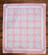 Vintage Baby Quilt Hand Stitched Pink Diamonds light cotton Farmhouse Perfect picture