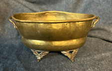 Vintage Hammered Ornate 3 Footed Brass Bowl Planter with Handles Made in India picture