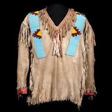 Old American Handmade Beige Buckskin Suede Beaded Powwow Regalia War Shirt  NW13 picture