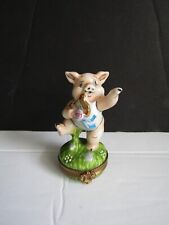 Limoges, France PEINT MAIN ANGELIC PINK PIG w HARP Signed A.L. Trinket Box RARE picture