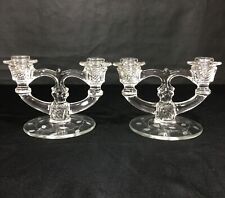 Pair of Double Candlesticks Clear Glass Floral Etched Base picture