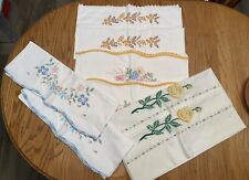 Lot of 4 Pair Vintage Hand Embroidered Pillowcase Sets Cotton Crocheted Edges picture
