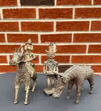 3 Vintage Brass Dhokra Figures -Horse Warrior Gods -India Lost Wax Metal Casting picture