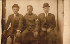 Antique RPPC Uniformed Soldier Corporal Two Men Wearing Derbies AZO 1904-1918 picture