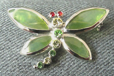 Vintage translucent green enamel & colors rhinestones golden metal butterfly pin picture