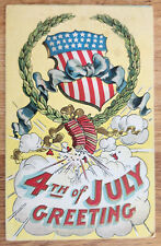 July 4th Greeting Embossed  Postcard PC Circa 1911 Patriotic Firecrackers picture