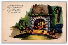 c1920's New Year Greetings Fireplace Holly Berries Lebanon NH Vintage Postcard picture