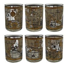 (6) Cera 22K Gold World Atlas Maps Double Old Fashioned Glasses VTG Mid Century picture