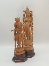 Lord Krishna Lot of 2 Vishnu Hindu God Kadam Wood Statuettes Hand Carved Vintage picture
