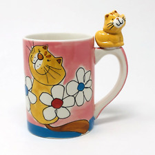 3D Cat Mug Sitting on Handle Indra Hand Painted Cute Pink Colorful Flower Power picture