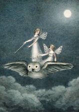 Vintage Repro Postcard: Two Fairies Ride on an Owl - Full Moon, Clouds picture
