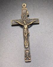 Vintage Antique Priest Nun Pectoral Crucifix Skull & Crossbones Brass Wood Inlay picture