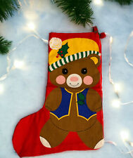 Vintage Finished Fabric Panel Teddy Bear Christmas Stocking Bear W/ Hat Holly picture