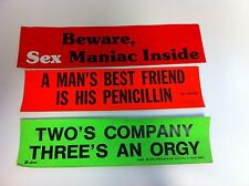 BUMPER STICKERS - 3 TOTAL - SEX MANIAC 3'S AN ORGY PENICILLIN . OLD COLLECTIBLE picture