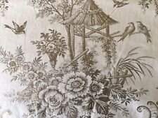 Unique Antique Vtg. French Style Floral Bird Cotton Fabric ~ White Metallic Gold picture