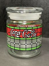 Vintage 1999 Coca Cola Logo Stained Glass Look Canister Candy Jar With Lid 5” picture