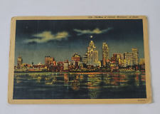 Vintage 1954 Linen Postcard Night View Skyline of Detroit Michigan picture