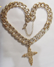 102 gram vintage gold tone metal cross diamante gems religious necklace FC1302 picture