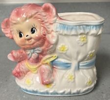 Vintage Kitschy Pink Teddy Bear Bootie Planter GUC Baby Girl Nursery Decor picture