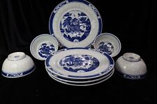 VINTAGE CHINESE BLUE & WHITE RARE SCENES RICE EYES 4 PLATES 4 RICE BOWLS MARKED picture