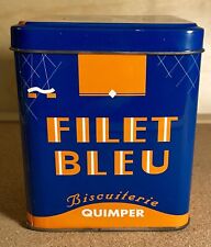 Filet Bleu Biscuiterie Quimper French Biscuit Tin VTG Blue And Orange 4”x3.5” picture
