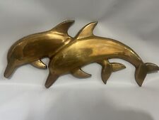 Vintage made in India large heavy brass swimming dolphin pair wall Hanging 21” picture