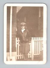 1930s Young Lady on Porch in Fashionable Attire, Sepia, 2.5x3.5 inches picture